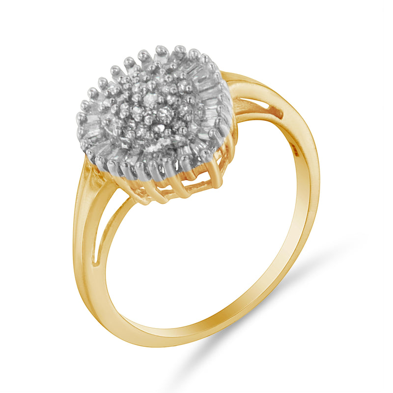 Bids.com 10K Yellow Gold 1/2 Cttw Round & Baguette Cut Diamond Pear Shaped Domed PavÃ© Cluster with Halo Cocktail Ring (J-K Color, I1-I2 Clarity) - Size 4-1/4 Rings