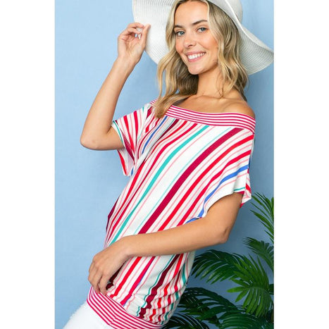 Plus Multi Stripe Off Shoulder Top