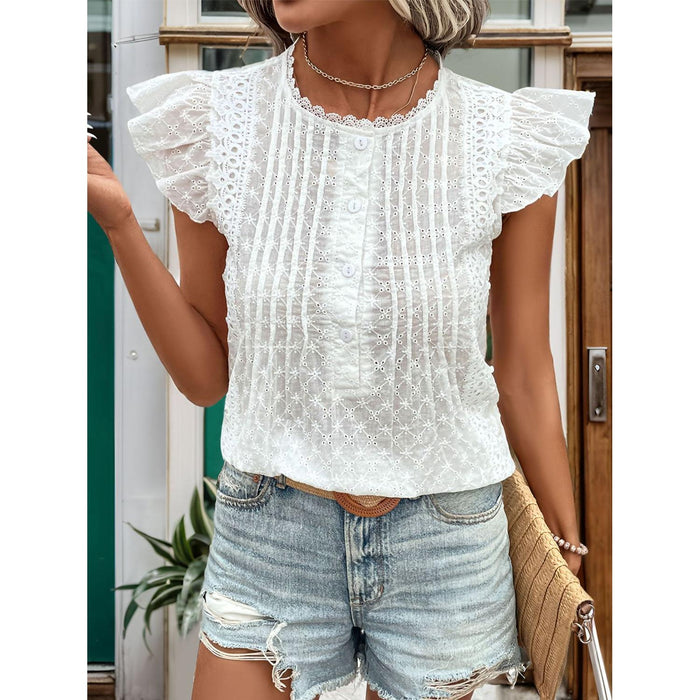 Lace Detail Eyelet Ruffle Cap Sleeve Blouse