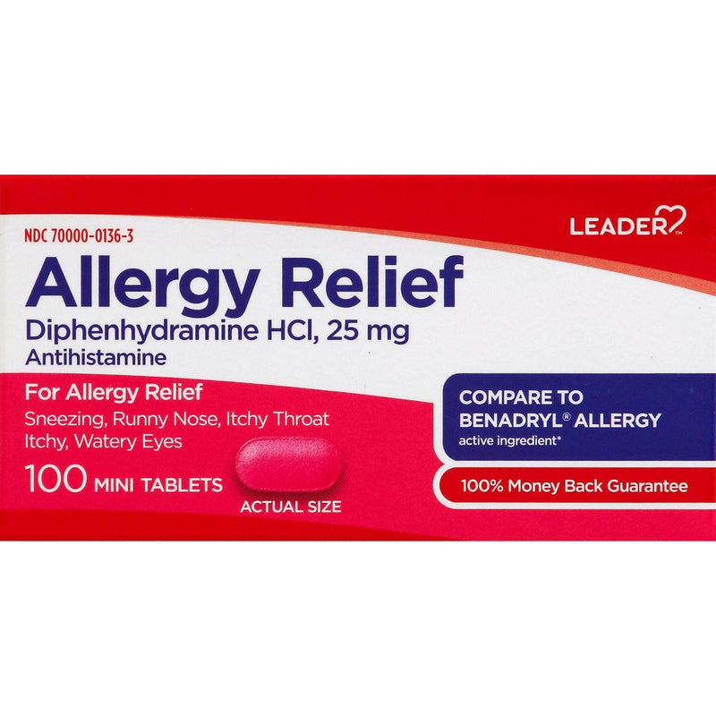 Leader Leader Allergy Relief 25 Mg Mini Tablets, 100Ea Health & Beauty Firebrick