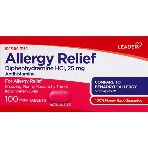 Leader Leader Allergy Relief 25 Mg Mini Tablets, 100Ea Health & Beauty Firebrick