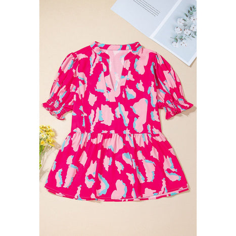 Peplum Printed Notched Short Sleeve Blouse