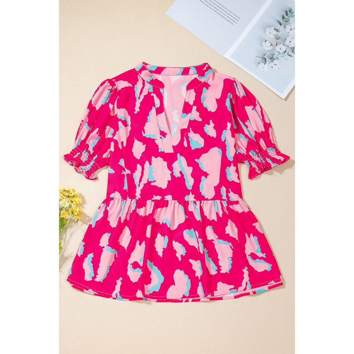 Peplum Printed Notched Short Sleeve Blouse