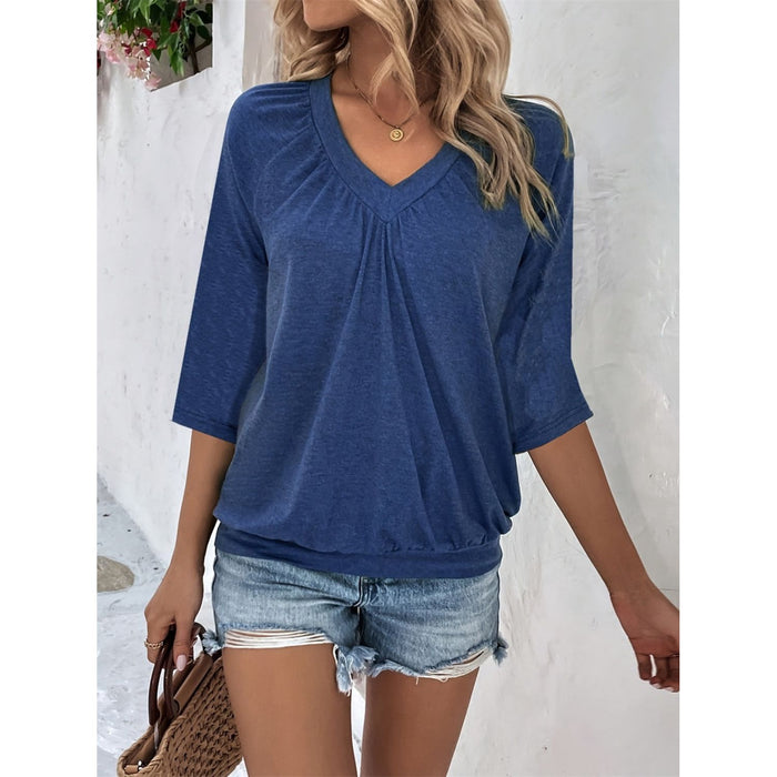 Ruched Heathered V-Neck Three-Quarter Sleeve T-Shirt