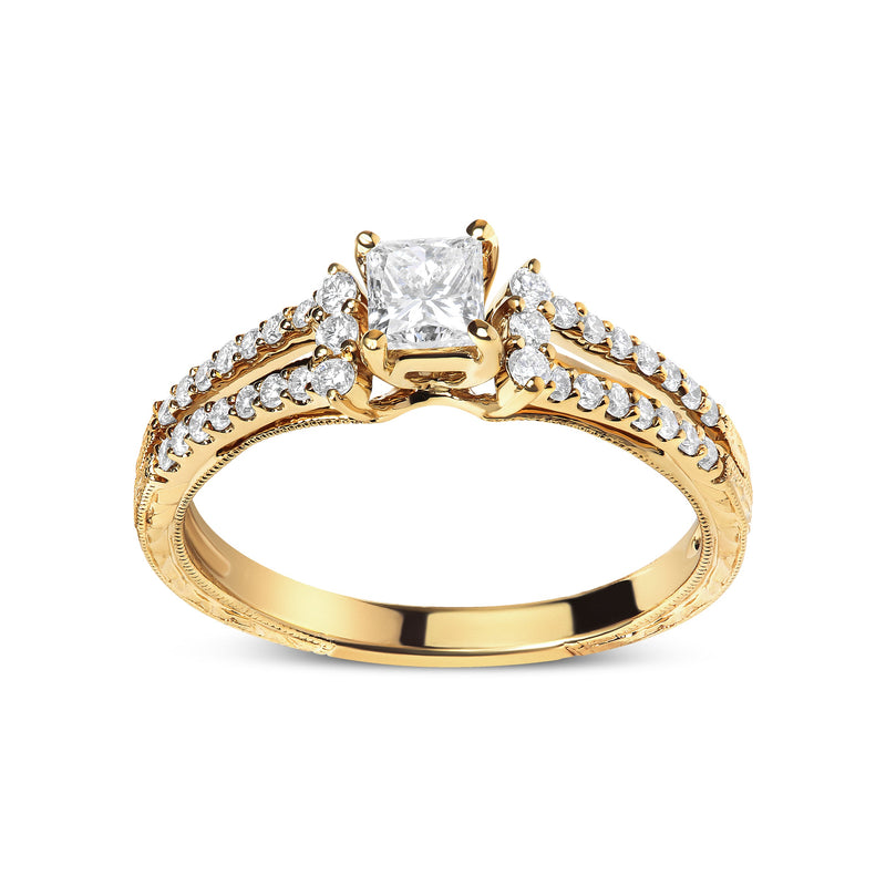 Bids.com 14K Yellow Gold Diamond 5/8 Cttw Princess Diamond Split Shank and Milgrain Engagement Ring (G-H Color, VS2-SI1 Clarity) - Size 7 Rings