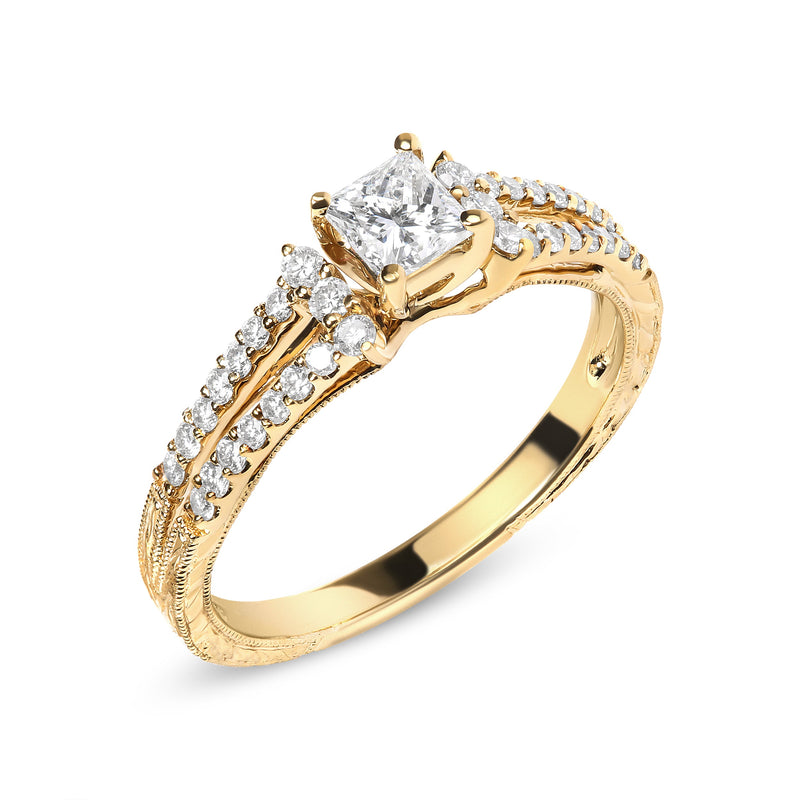 Bids.com 14K Yellow Gold Diamond 5/8 Cttw Princess Diamond Split Shank and Milgrain Engagement Ring (G-H Color, VS2-SI1 Clarity) - Size 7 Rings
