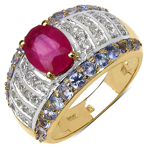 Bids.com 14K Yellow Gold Plated 3.02 Carat Genuine Ruby, Tanzanite & White Topaz .925 Sterling Silver Ring Rings