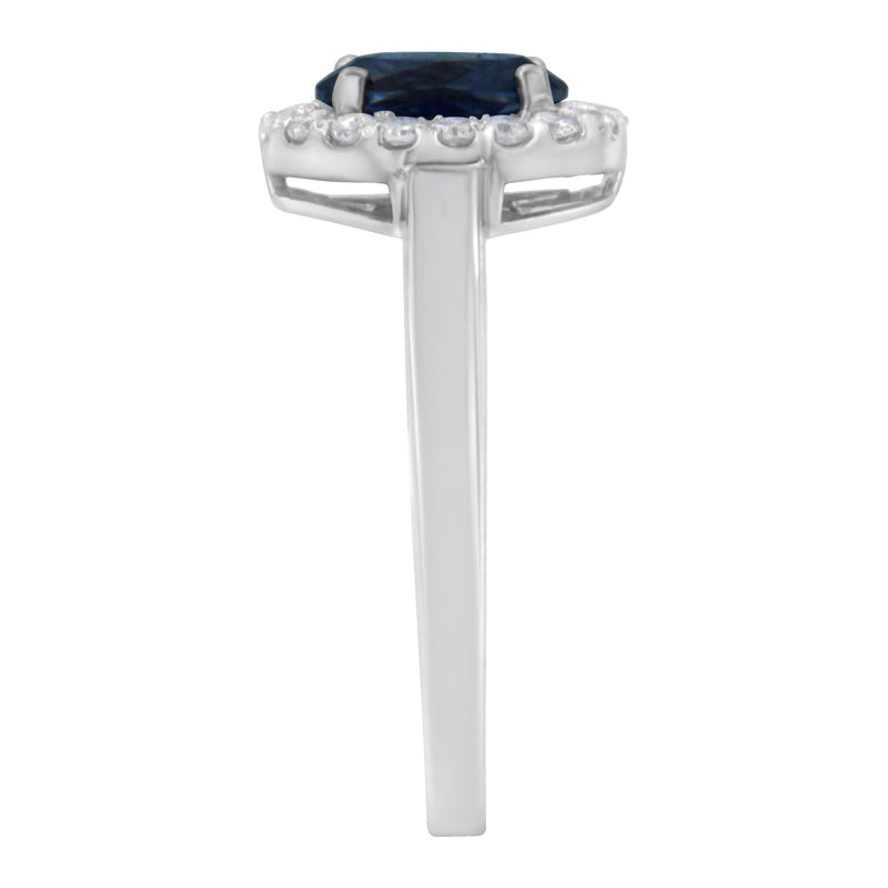 Bids.com 10K White Gold 1/5 Cttw Round Diamond and Prong Set 7MM Created Blue Sapphire Halo Cocktail Ring (H-I Color, I1-I2 Clarity) - Size 7 Rings