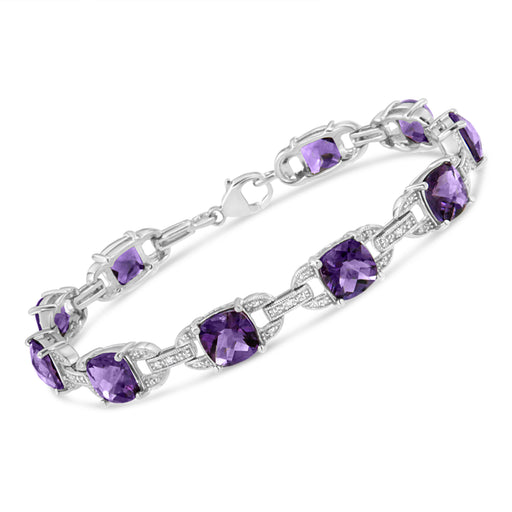Bids.com .925 Sterling Silver 7mm Cushion Cut Amethyst Gemstone and Diamond Tennis Link Bracelet (I-J Color, I1-I2 Clarity) - Size 7" Bracelets