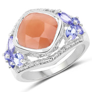 Bids.com 4.67 Carat Genuine Peach Moonstone and Tanzanite .925 Sterling Silver Ring Rings