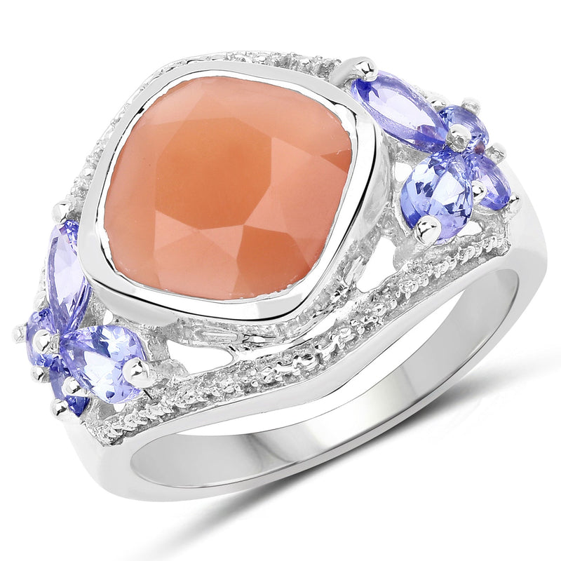 Bids.com 4.67 Carat Genuine Peach Moonstone and Tanzanite .925 Sterling Silver Ring Rings