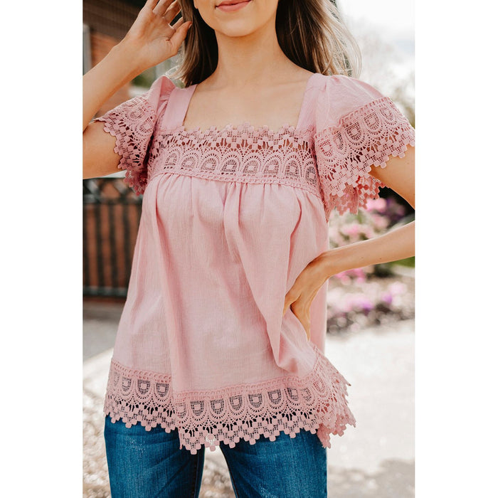 Lace Detail Square Neck Short Sleeve Blouse