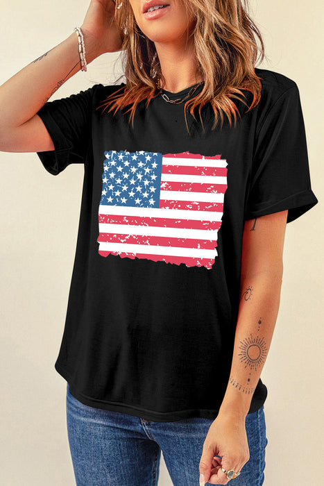 US Flag Round Neck Short Sleeve T-Shirt in Black