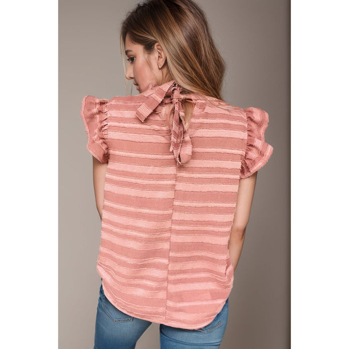 Striped Mock Neck Cap Sleeve Blouse