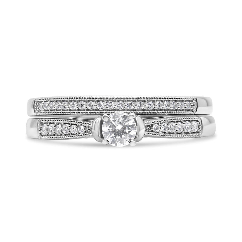 Bids.com .925 Sterling Silver 1/3 Cttw Diamond Classic Engagement Ring Bridal Set with Milgrain (I-J Color, I3 Clarity) - Ring Size 7 Rings