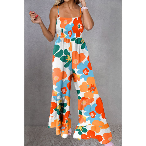 Printed Smocked Spaghetti Strap Jumpsuit