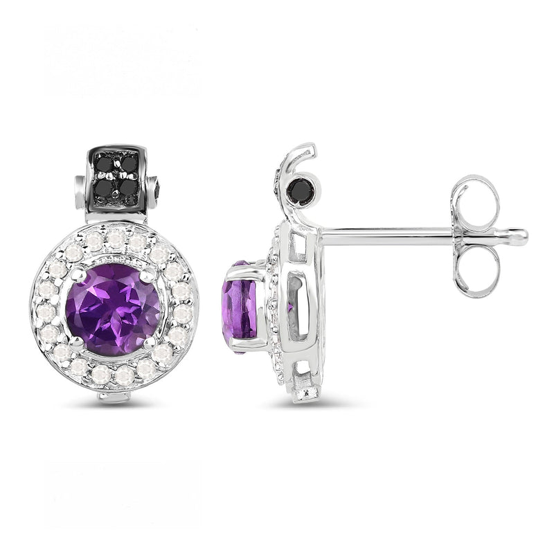 Bids.com 2.29 Carat Genuine Amethyst, Black Diamond and White Diamond .925 Sterling Silver Earrings Earrings