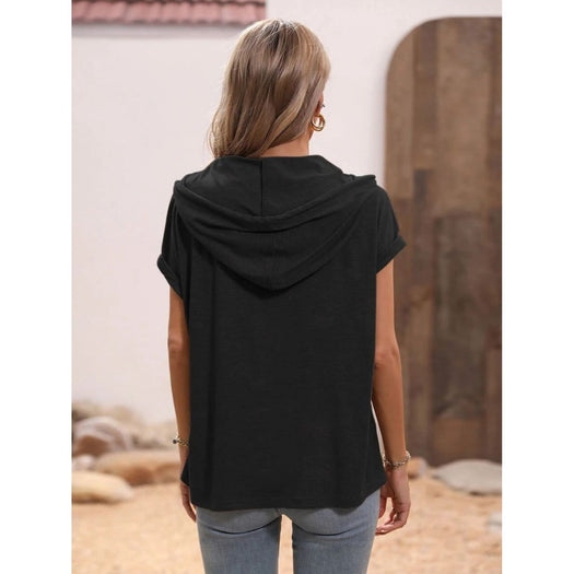 Half Button Hooded Short Sleeve Blouse