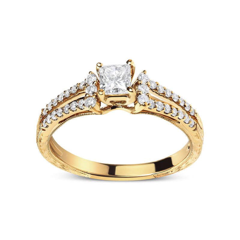 Bids.com 14K Yellow Gold Diamond 5/8 Cttw Princess Diamond Split Shank and Milgrain Engagement Ring (G-H Color, VS2-SI1 Clarity) - Size 7 Rings