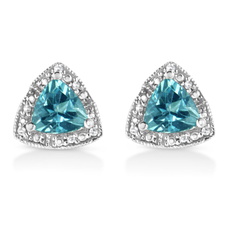 Bids.com .925 Sterling Silver 6x6 mm Trillion Cut Blue Topaz Gemstone and Diamond Accent Stud Earring (I-J Color, I1-I2 Clarity) Earrings