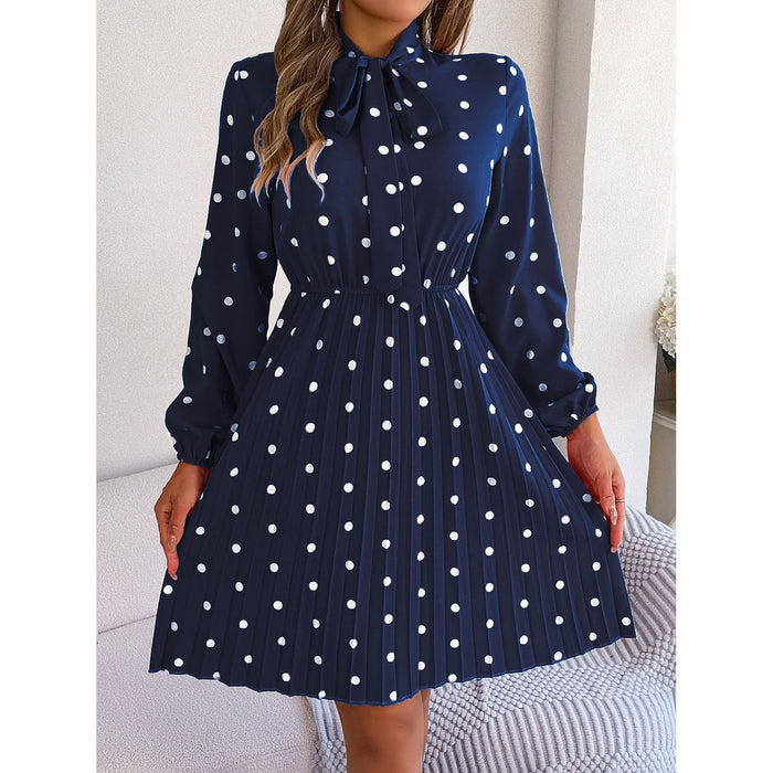 Polka Dot Tie Neck Pleated Dress