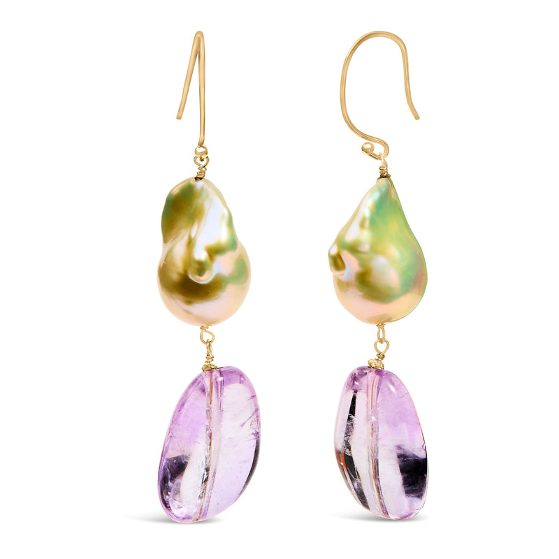 Bids.com 14K Yellow Gold Amethyst and Baroque Pearl Drop and Dangle Earrings 2" Inch Dangle Length Earrings