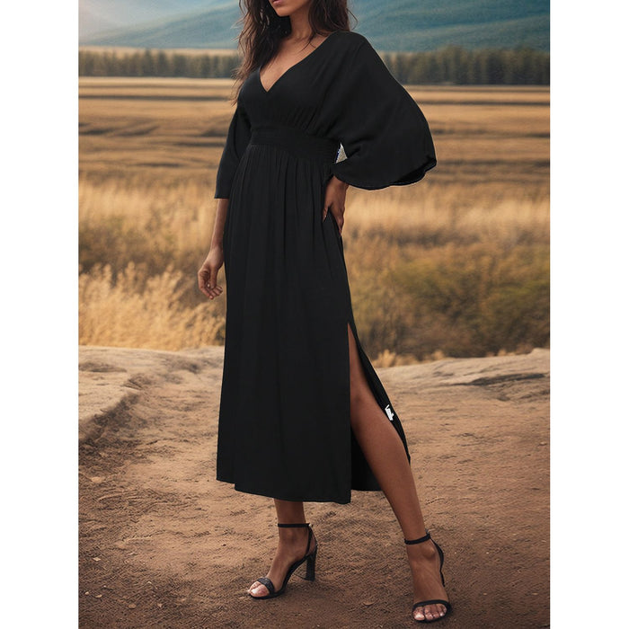 Slit V-Neck Long Sleeve Midi Dress