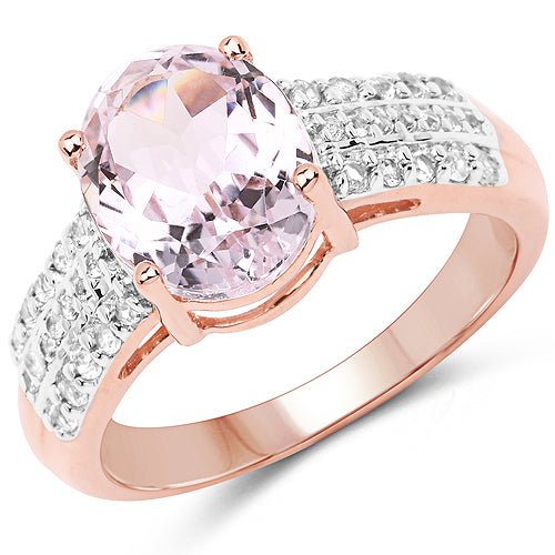 Bids.com 14K Rose Gold Plated 3.27 Carat Genuine Kunzite Oval and White Zircon .925 Sterling Silver Ring Ring Rings