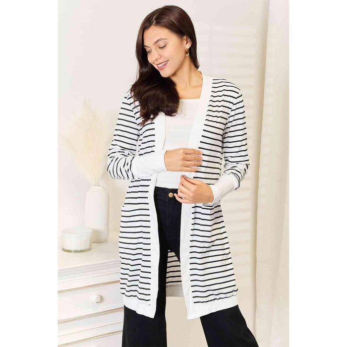 Double Take Striped Open Front Longline Cardigan