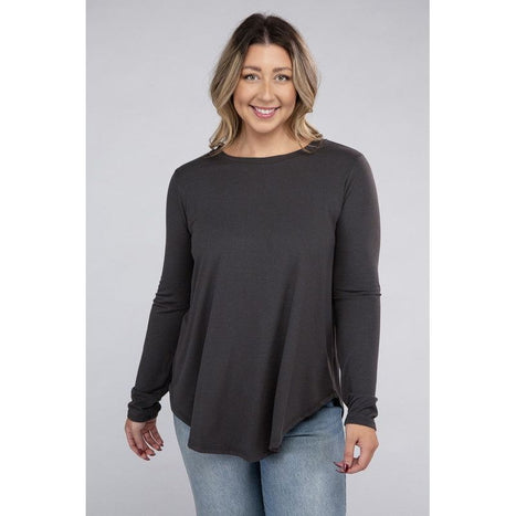 Plus Long Sleeve Round Neck Round Hem Top