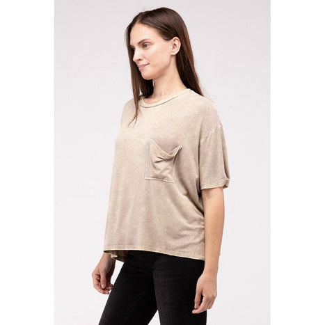 Washed Ribbed Cuffed Short Sleeve Round Neck Top