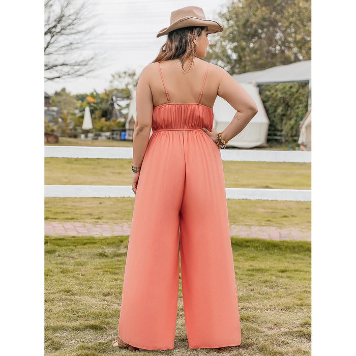 Plus Size Lace Detail Spaghetti Strap Wide Leg Jumpsuit