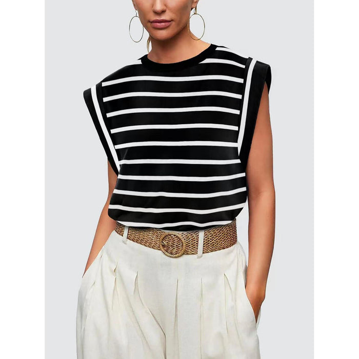 Striped Round Neck Cap Sleeve T-Shirt