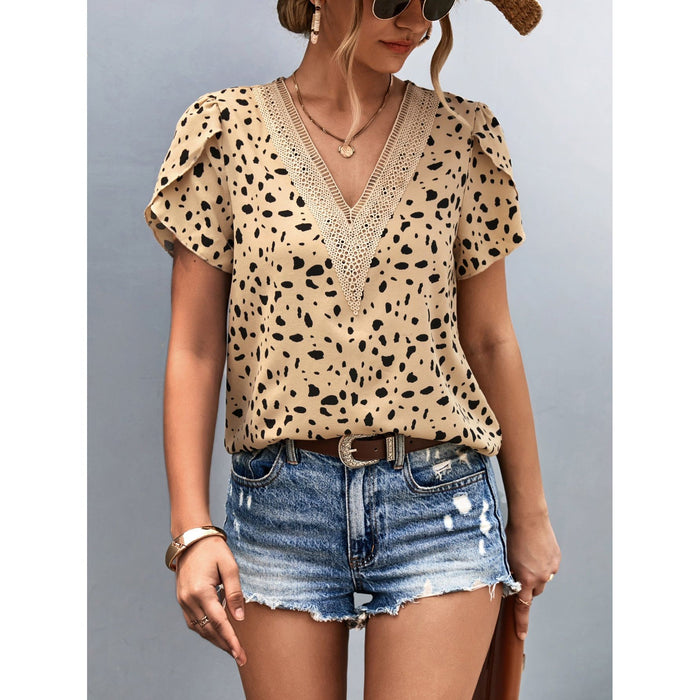 Animal Print V-Neck Petal Sleeve Blouse