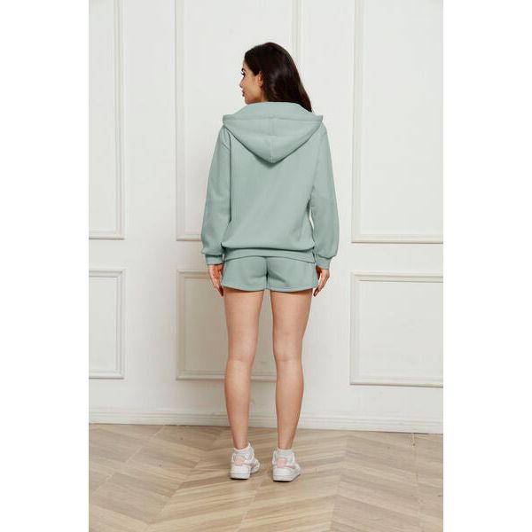 Zip Up Drawstring Hoodie and Shorts Set