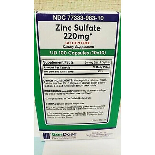 GenDose Pharmaceuticals GenDose Pharmaceuticals Pharma Zinc Sulfate 220mg Capsules 100ct Fitness & Nutrition