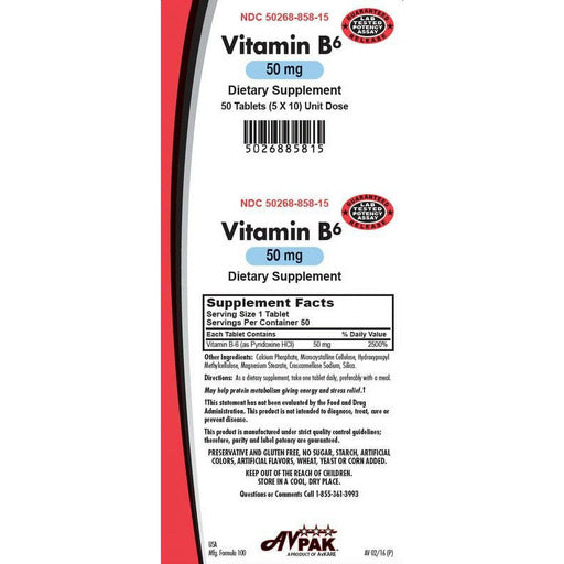 AvKARE AvKARE Vitamin B6 Tablets, 50mg Vitamins & Supplements