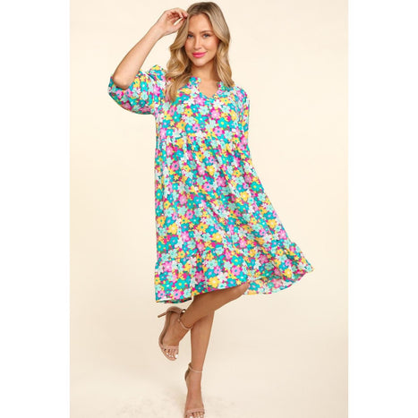 Bubble Sleeve Floral Ruffled Dress