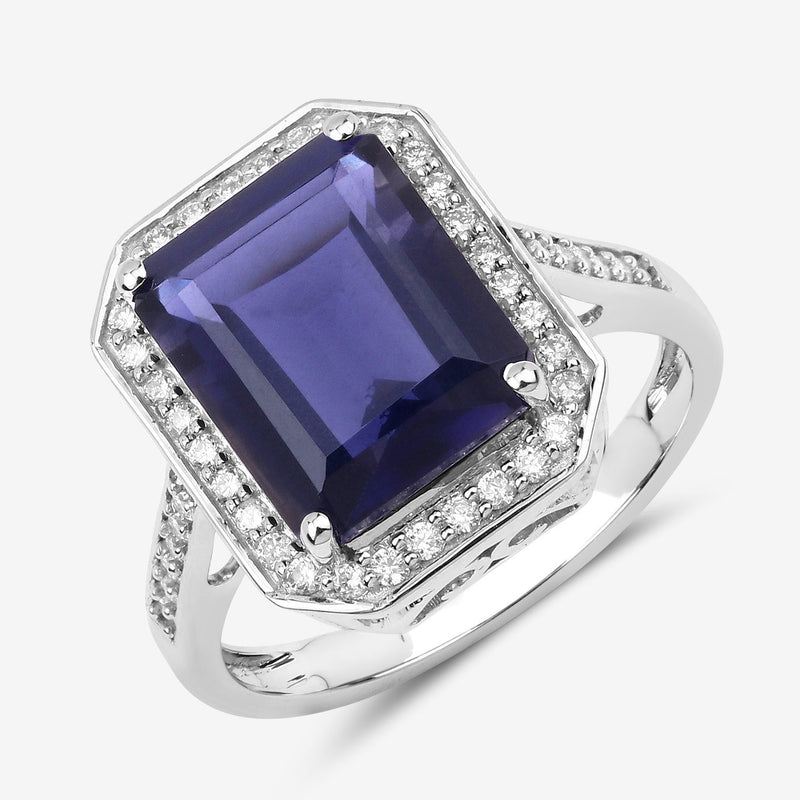 Bids.com 3.70 Carat Genuine Iolite and White Diamond 14K White Gold Ring Rings