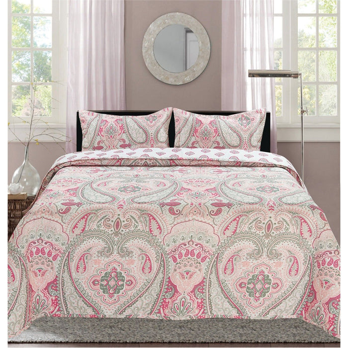 Shopbobbys Premius Paisley Printed Reversible Quilt Set, Pink