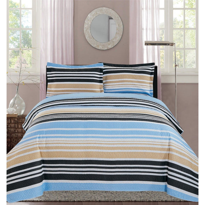 Shopbobbys Premius France Stripe Printed Reversible Quilt Set, Blue