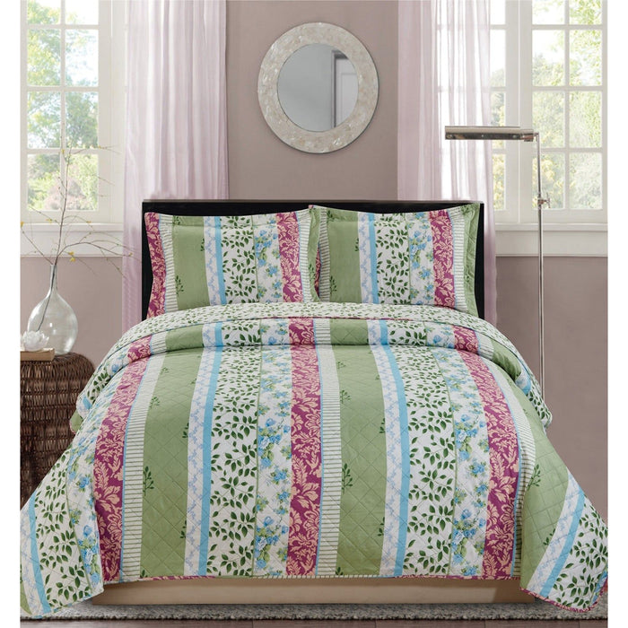 Shopbobbys Premius Devina Leaf Printed Reversible Quilt Set, Green