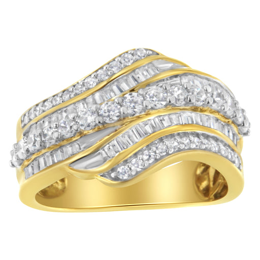 Bids.com 10K Yellow Gold 1.0 Cttw Baguette and Round Diamond Multi-Row Wave Bypass Ring (I-J Color, I1-I2 Clarity) - Ring Size 7 Rings