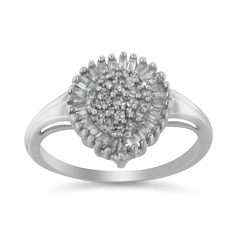 Bids.com 10K White Gold 1/2 Cttw Round & Baguette Cut Diamond Pear Shaped Domed PavÃ© Cluster with Halo Cocktail Ring (H-I Color, SI1-SI2 Clarity) - Size 5 Rings