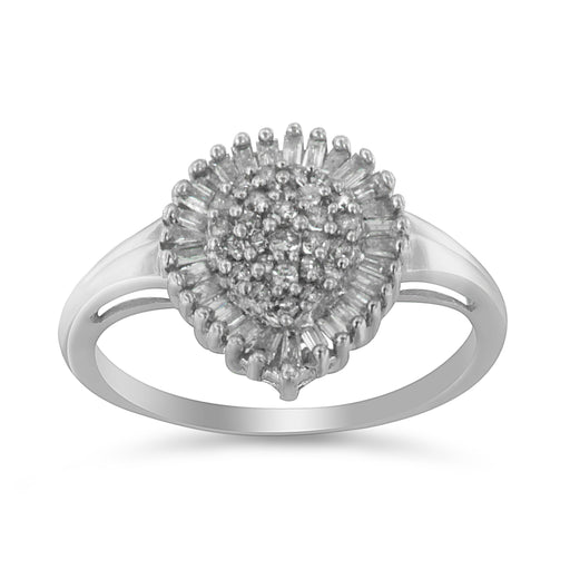 Bids.com 10K White Gold 1/2 Cttw Round & Baguette Cut Diamond Pear Shaped Domed PavÃ© Cluster with Halo Cocktail Ring (H-I Color, SI1-SI2 Clarity) - Size 5 Rings