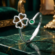 Bids.com 925 Sterling Silver Four-Leaf Clover Ring with Pavé CZ - 0.15cm Width Rings