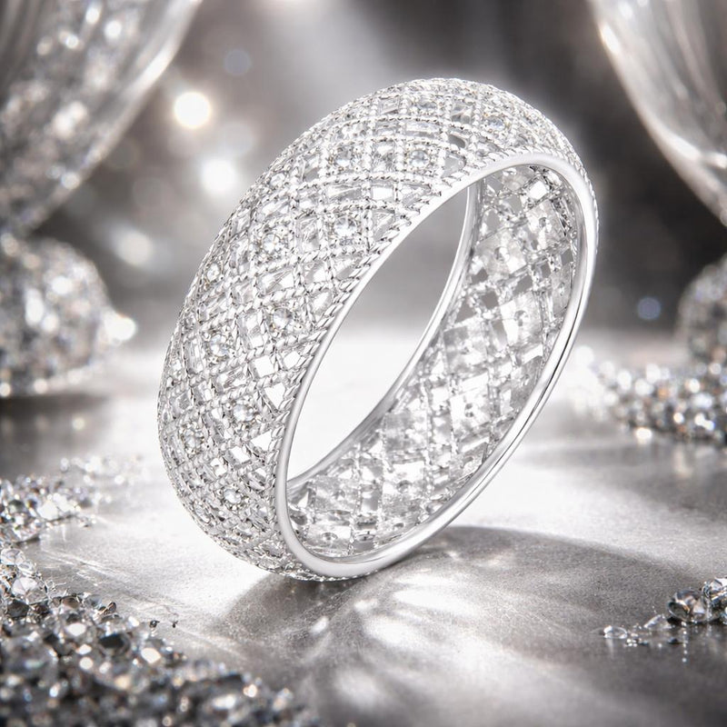 Bids.com 925 Sterling Silver & Platinum Plated Pavé CZ Ring Size 6 for Women Rings