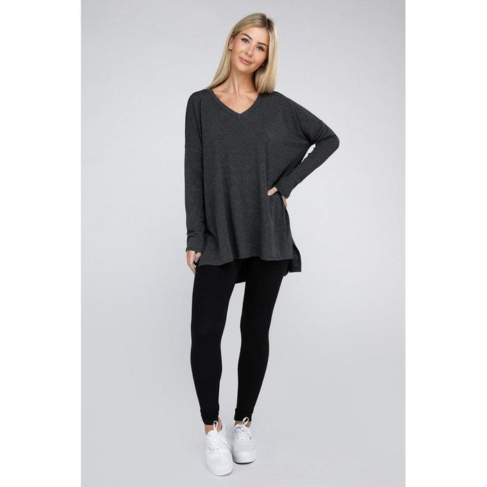 Dolman Long Sleeve V-Neck Side Slit Hi-Low Hem Top