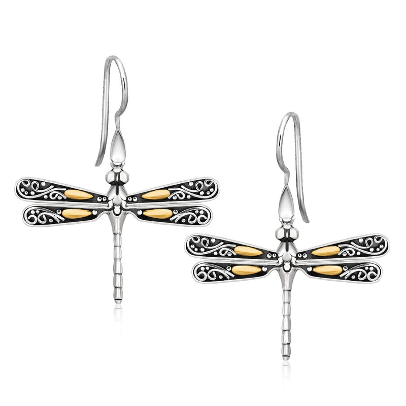 Bids.com 18k Yellow Gold and Sterling Silver Dragonfly Motif Drop Earrings Earrings