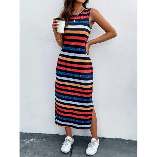 Slit Printed Round Neck Sleeveless Dress